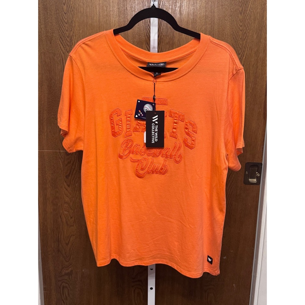 The Wild Collective San Francisco Giants Satin Applique T-Shirt Orange Womens XL